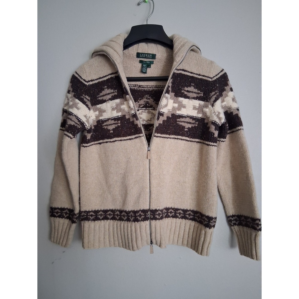 Lauren Ralph Lauren Hand Knit Wool Cashmere Southwestern Full Zip Sweater Large